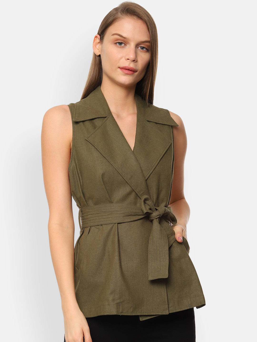 

Van Heusen Woman Women Olive Green Solid Single Breasted Blazer