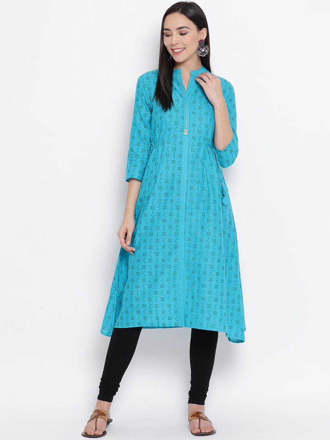 

Span Women Turquoise Blue Striped A-Line Kurta