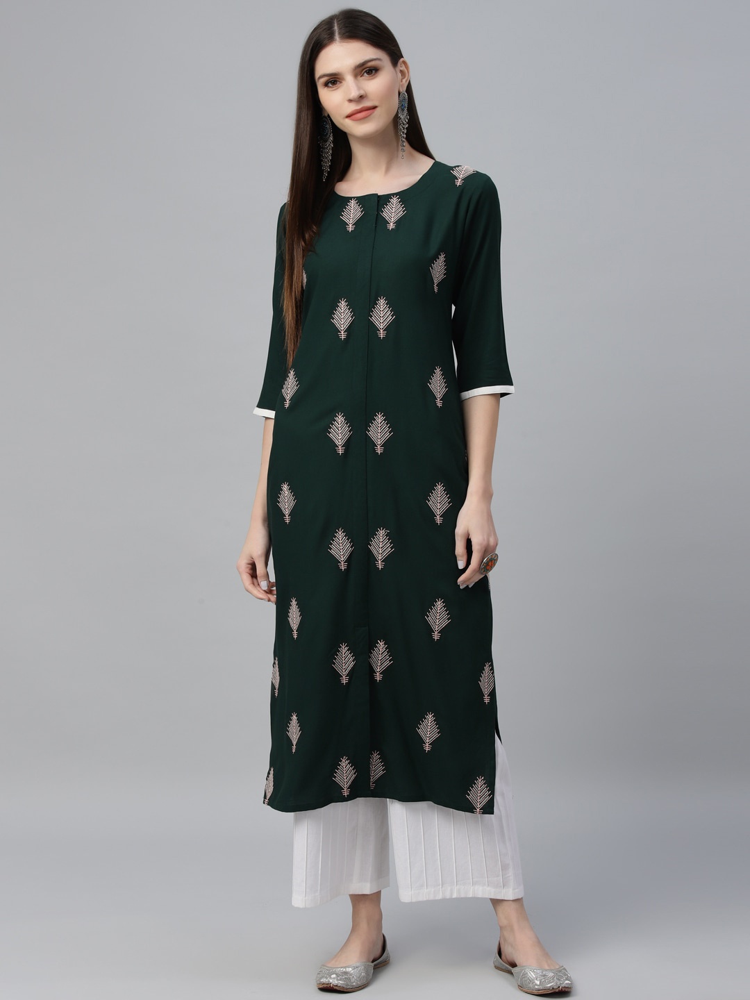 

Libas Women Green & Beige Embroidered Straight Kurta