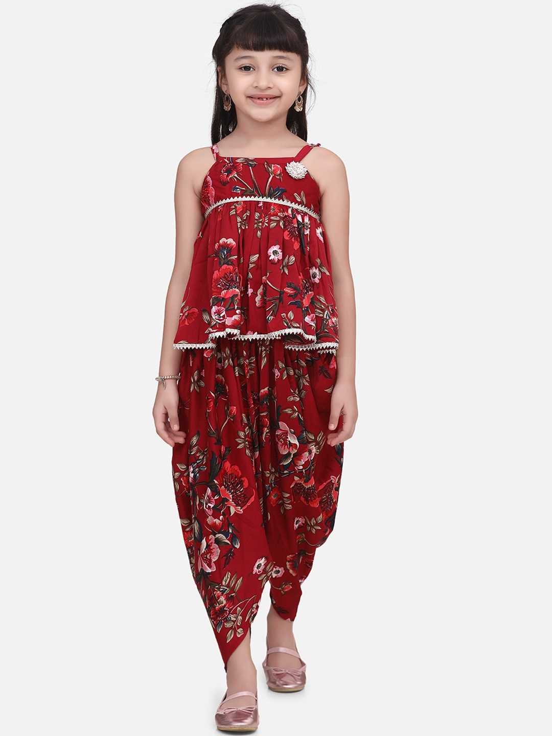 

Cutiekins Girls Maroon & White Printed Top with Dhoti Pants