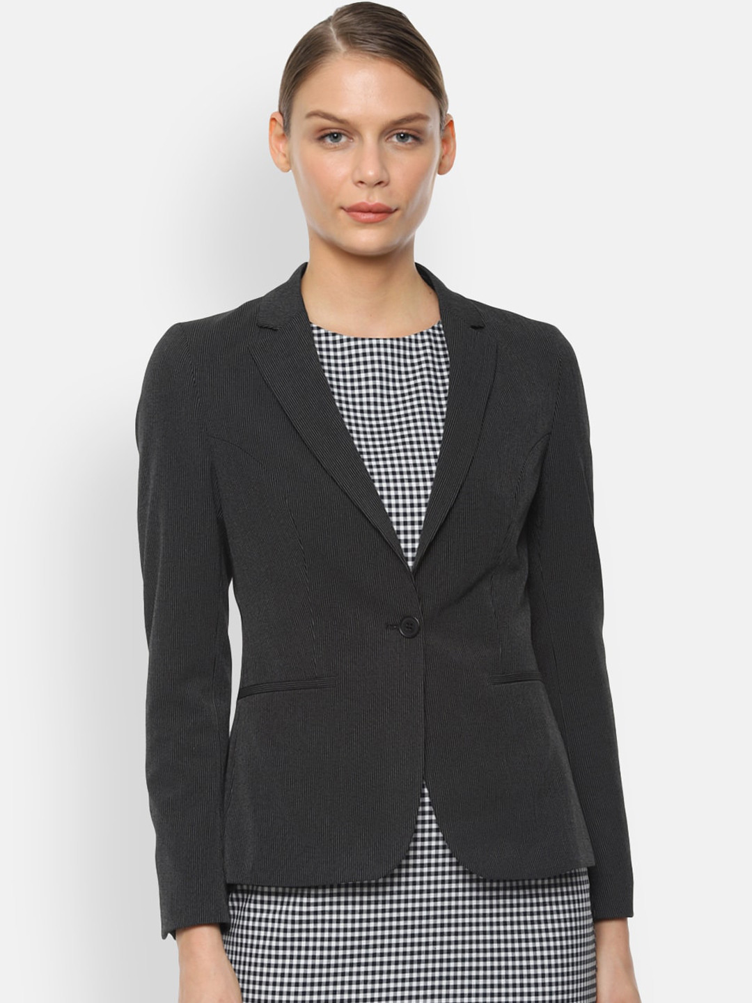

Van Heusen Woman Women Black Striped Single-Breasted Formal Blazer