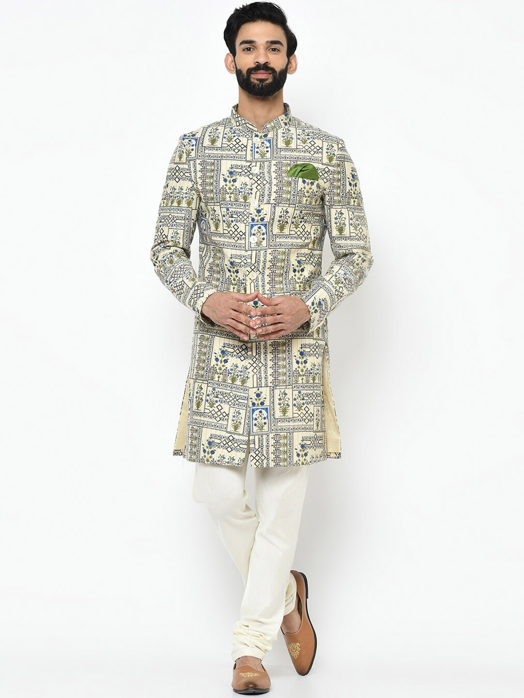 

KISAH Men Cream-Coloured & Green Printed Sherwani Set