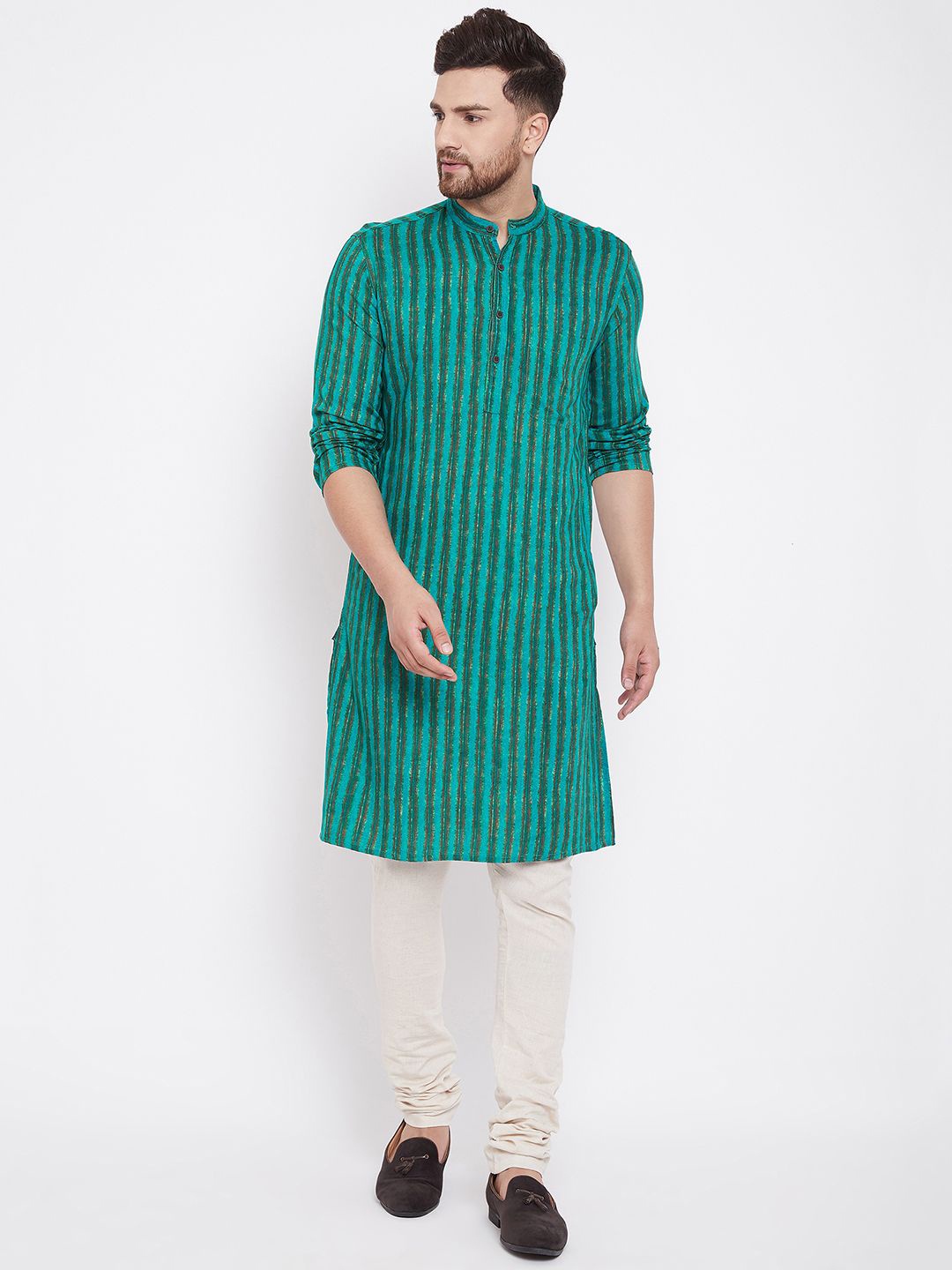 

even Men Green Striped Straight Kurta