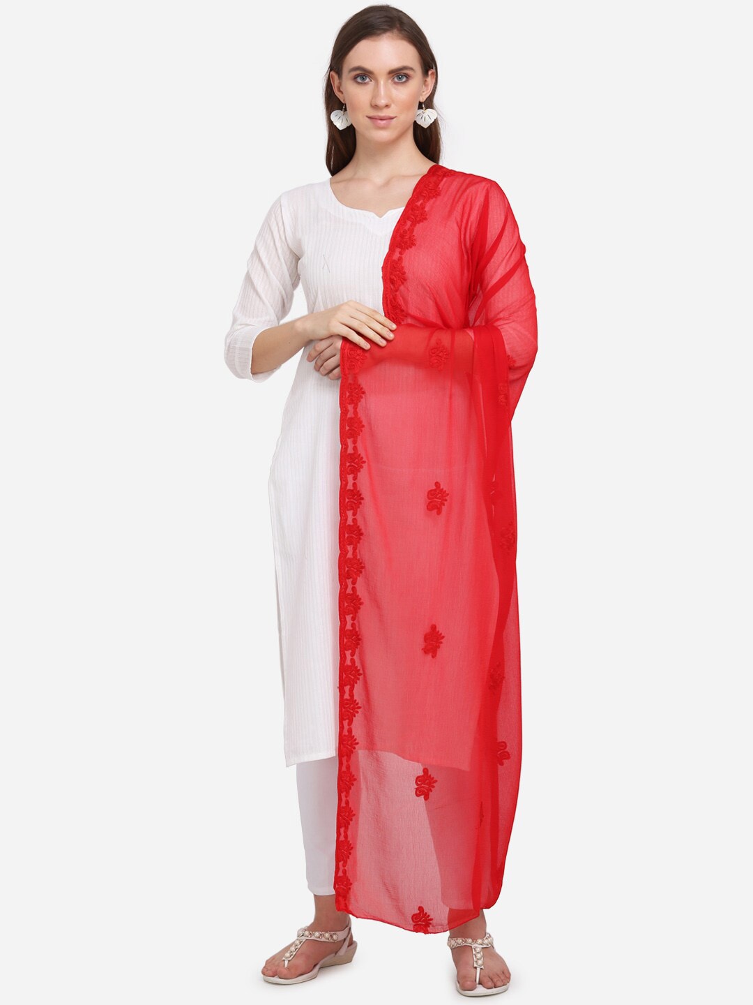 

mf Red Embroidered Dupatta