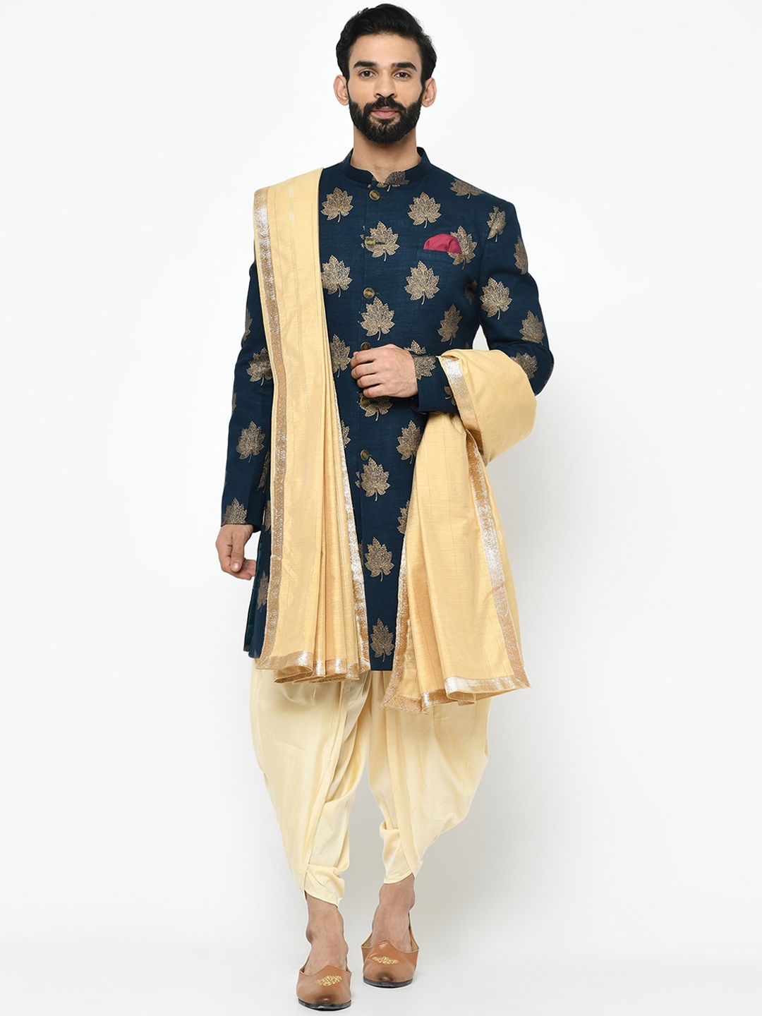 KISAH Men Navy Blue & Beige Indowestern Sherwani Dupatta Set