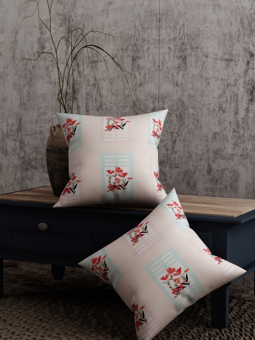 

EverHOME Peach-Coloured & Red Set of 2 Floral Square Cushion Covers