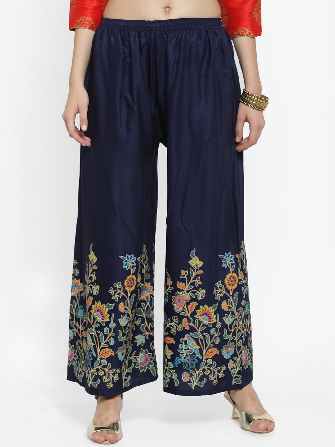 

Clora Creation Women Navy Blue Hem Design Wide Leg Palazzos