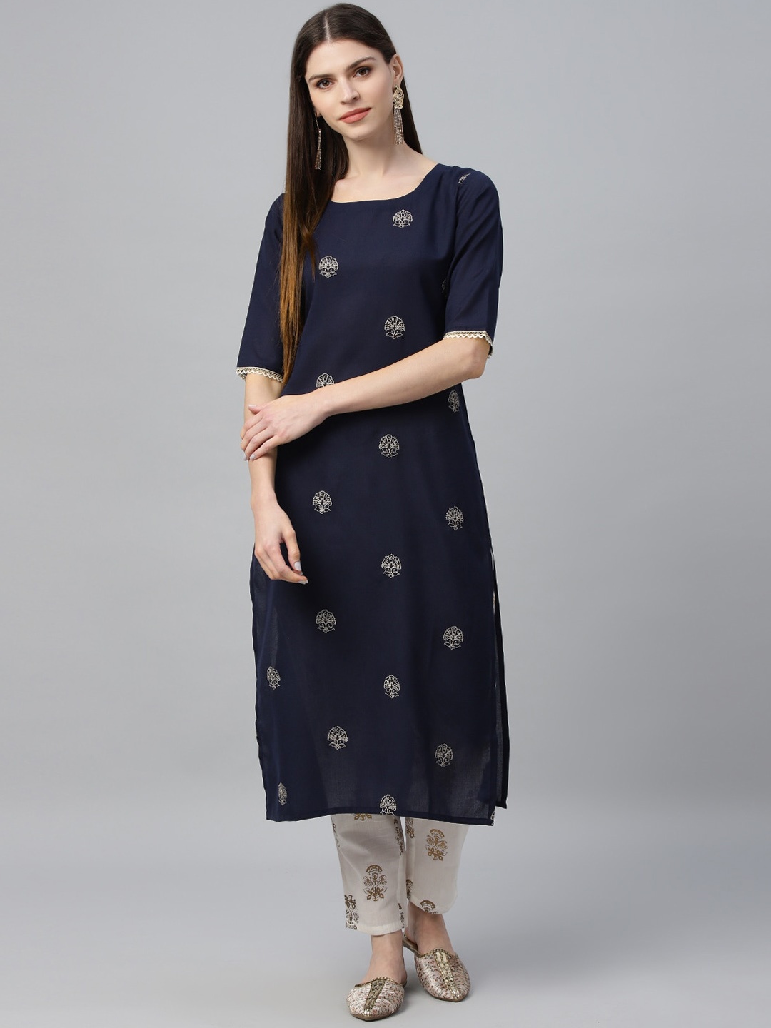 Libas Women Navy Blue Embroidered Straight Kurta