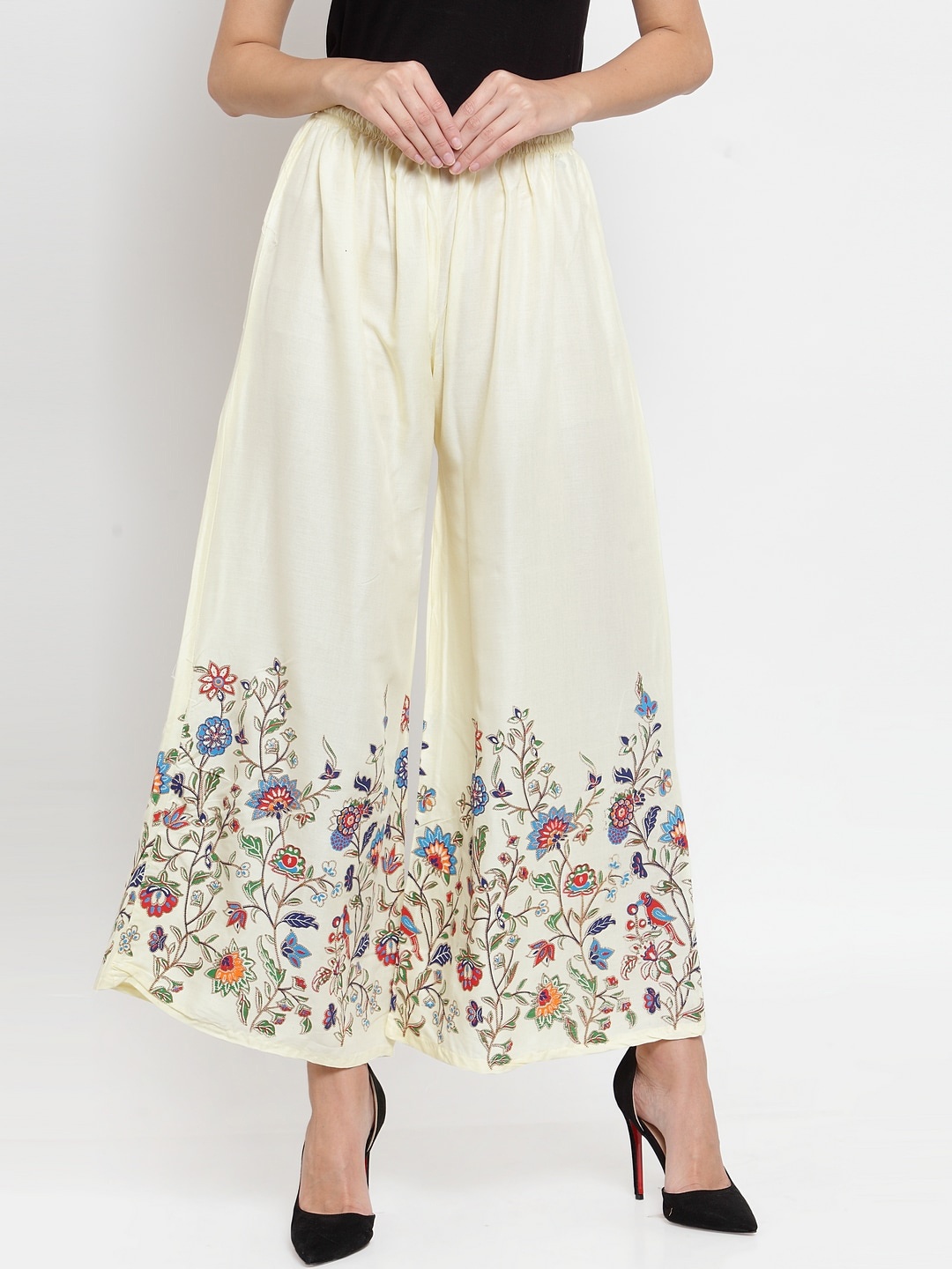 

Clora Creation Women Cream-Coloured & Blue Hem Design Flared Palazzos