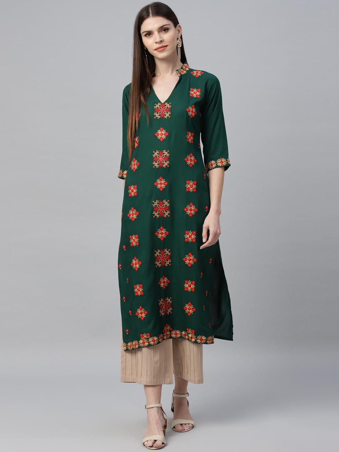 

Libas Women Green & Red Embroidered Straight Kurta