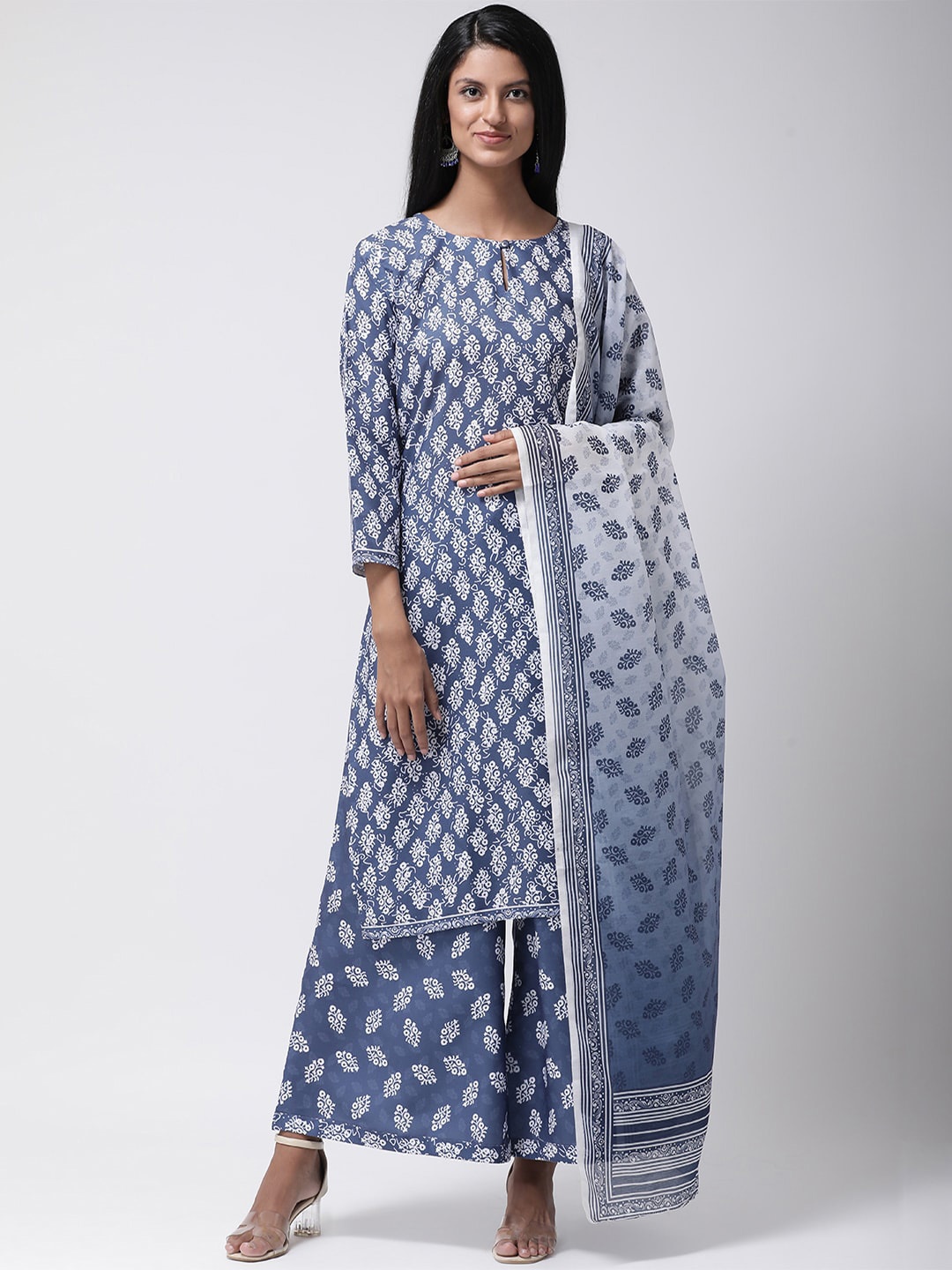 Hangup Women Blue & White Printed Kurta with Palazzos & Dupatta
