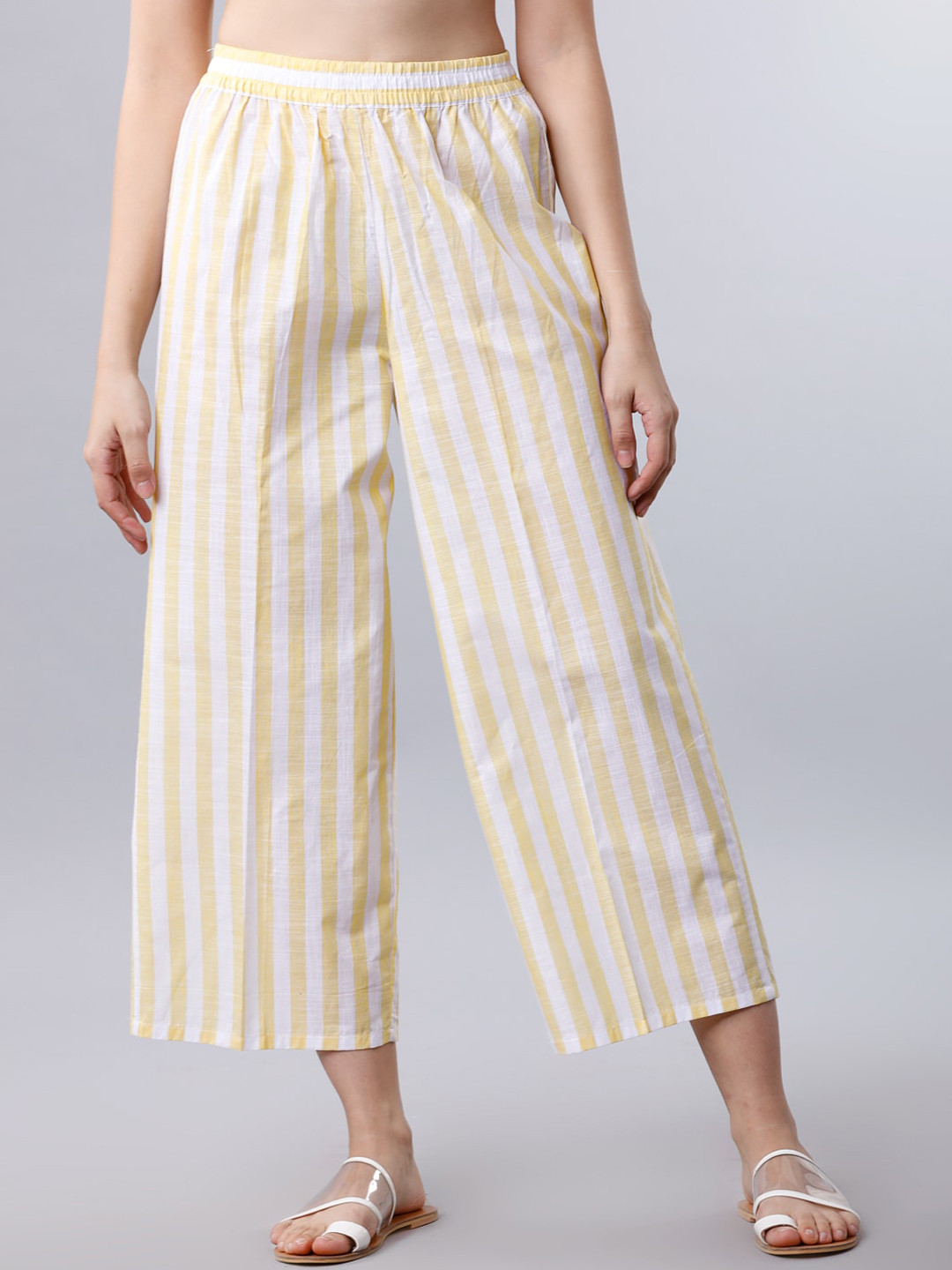 

Vishudh Women Yellow & White Striped Straight Crop Palazzos
