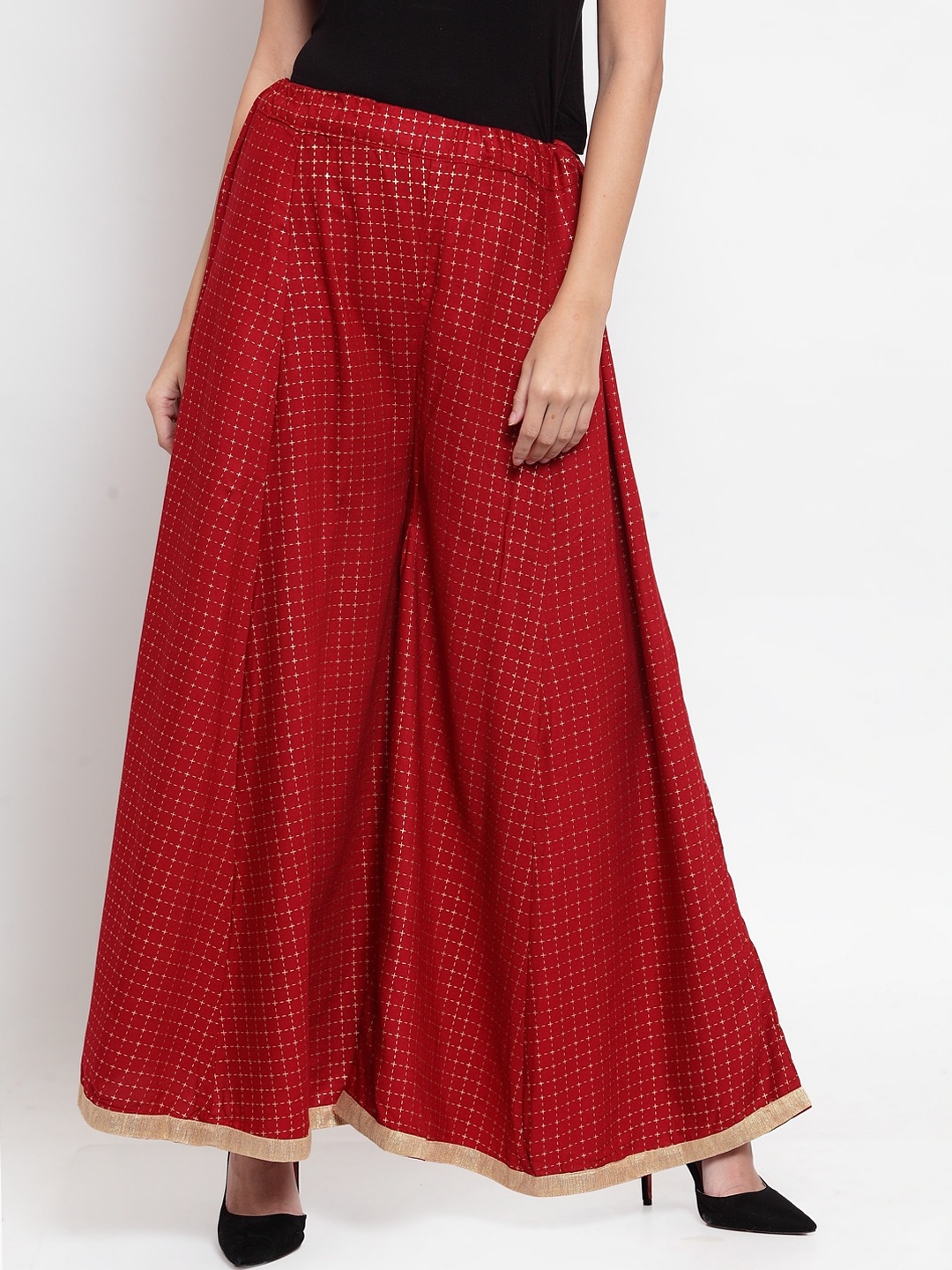 

Clora Creation Women Maroon & Gold-Coloured Checked Flared Palazzos