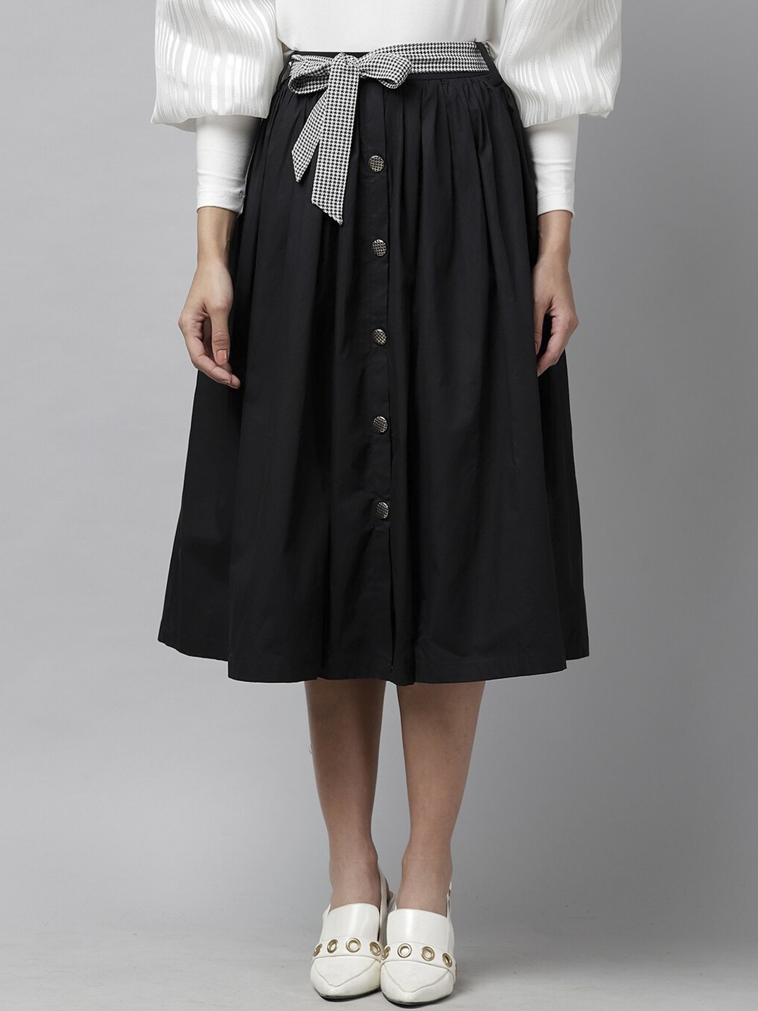 

KASSUALLY Black A-Line Midi Pure Cotton Skirt With Checkered Belt