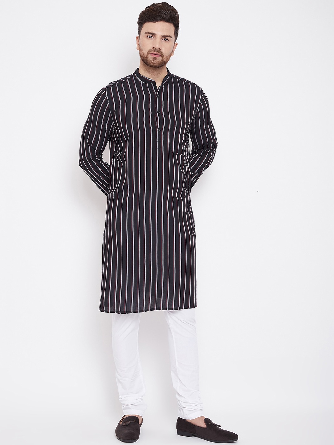 

even Men Black & White Striped Straight Kurta