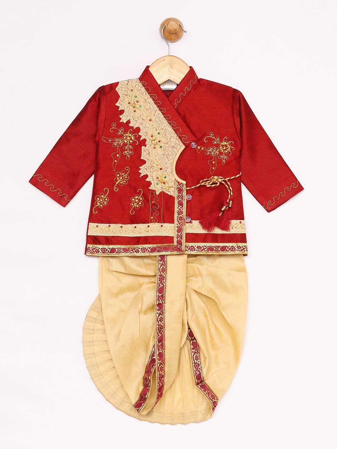 

JBN Creation Boys Maroon & Gold-Toned Embroidered Panjebi & Dhoti