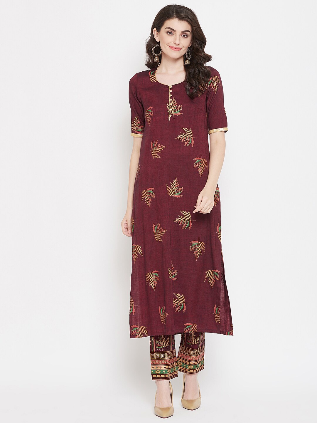 

Tulsattva Women Maroon & Beige Printed Kurta with Pyjamas