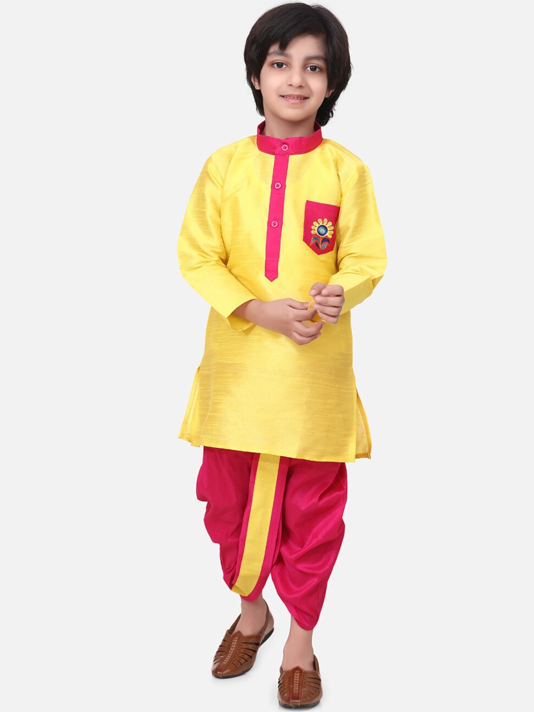 

BownBee Boys Yellow & Red Solid Kurta with Dhoti Pants