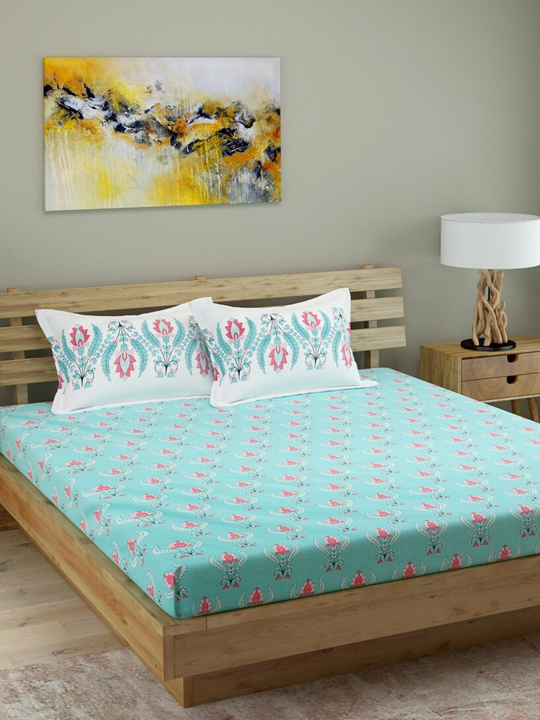 

ROMEE Turquoise Blue Floral 144 TC Cotton 1 Queen Bedsheet with 2 Pillow Covers