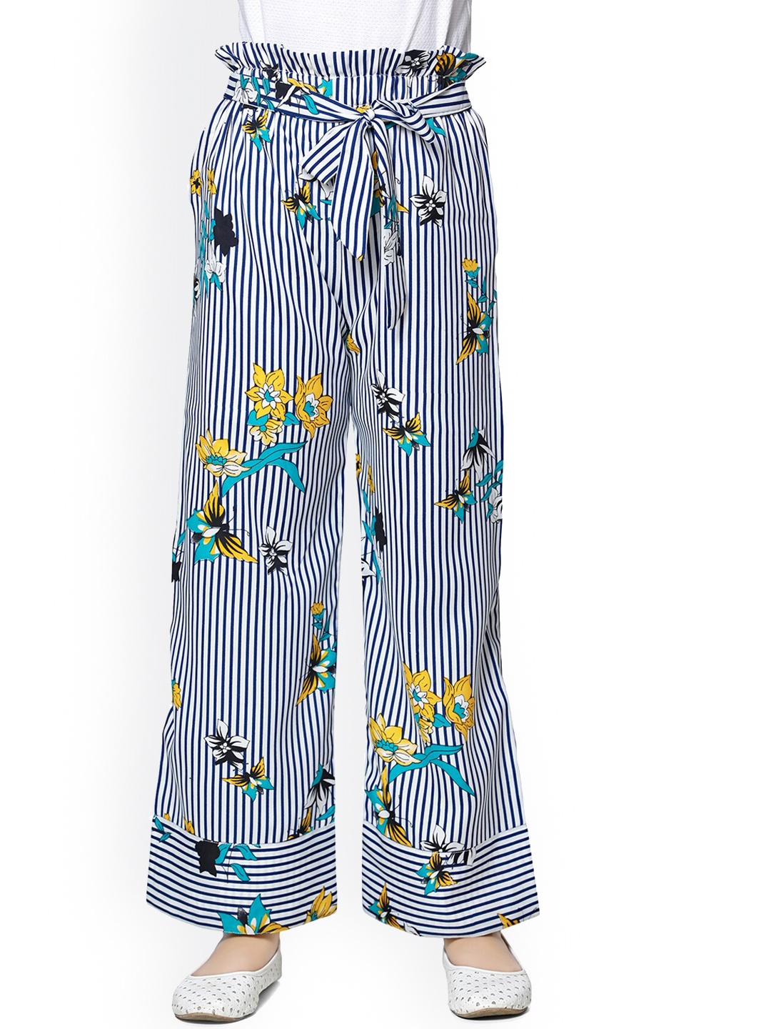 

Cutiekins Girls Navy Blue & Yellow Floral Printed Straight Palazzos