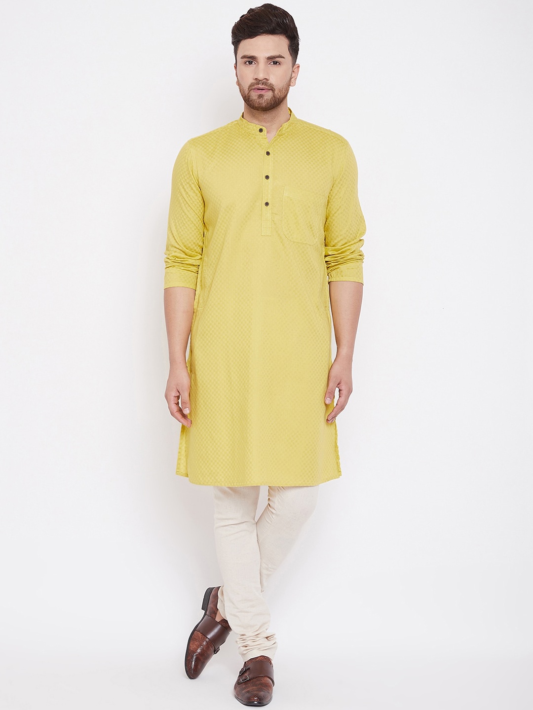 

even Men Yellow Checked A-Line Kurta