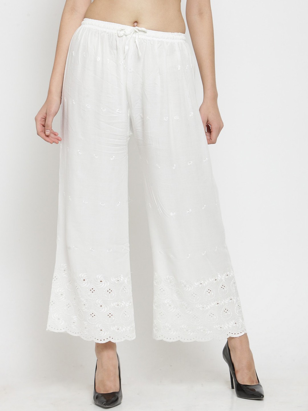 

Clora Creation Women White Embroidered Wide Leg Palazzos