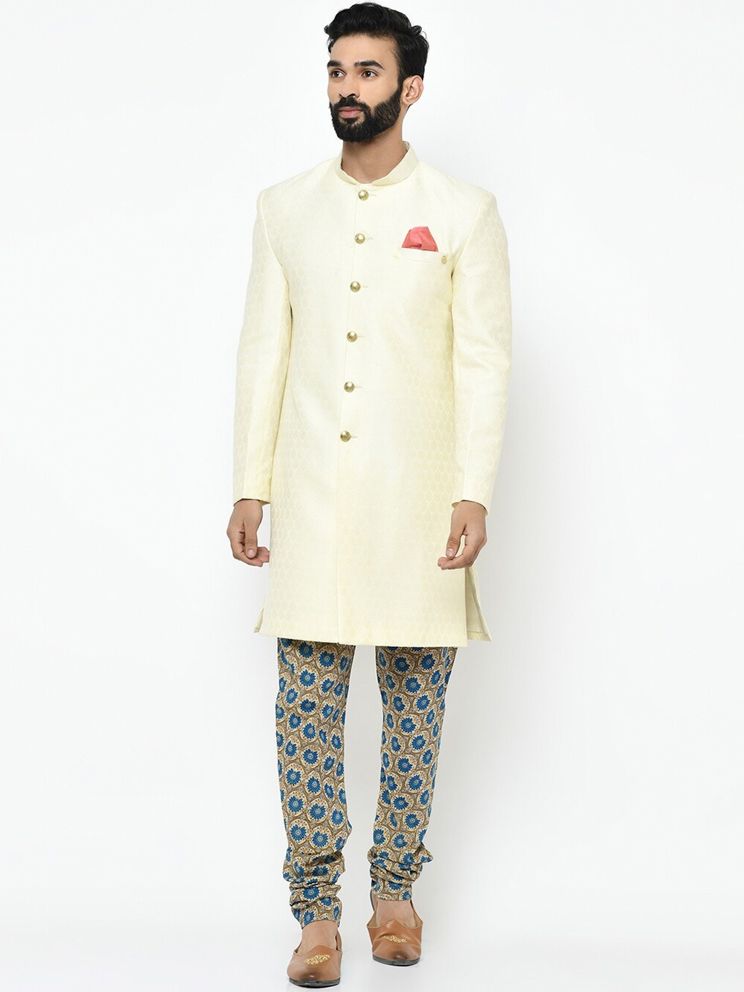 

KISAH Men Cream-Coloured & Green Sherwani Set