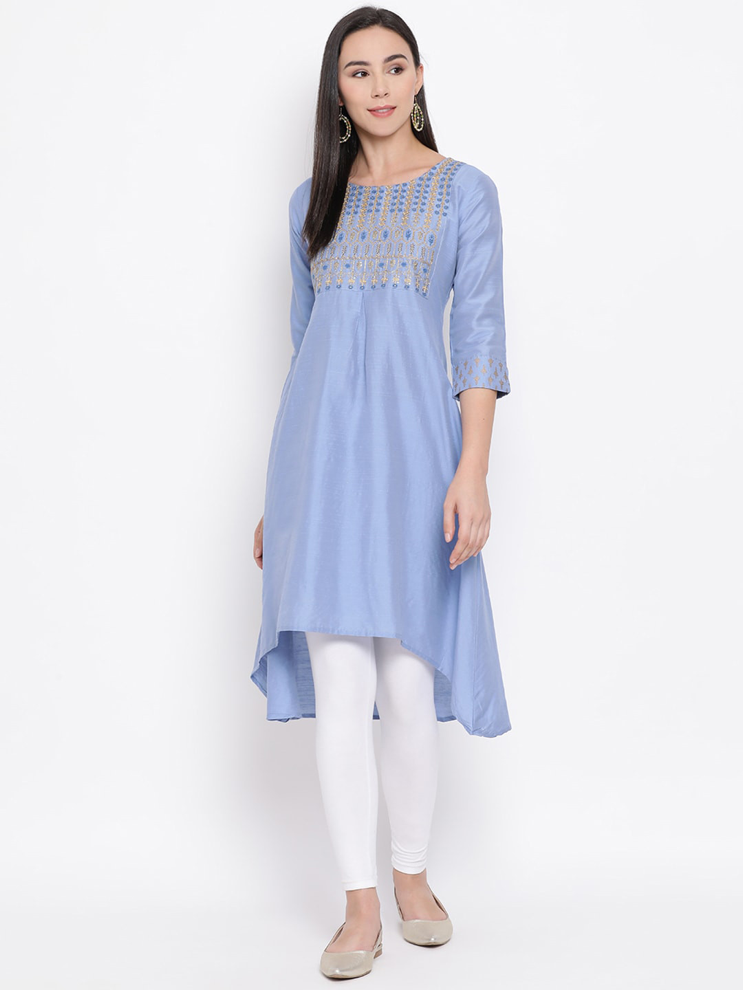 

Span Women Blue & Gold Yoke Design A-Line Kurta