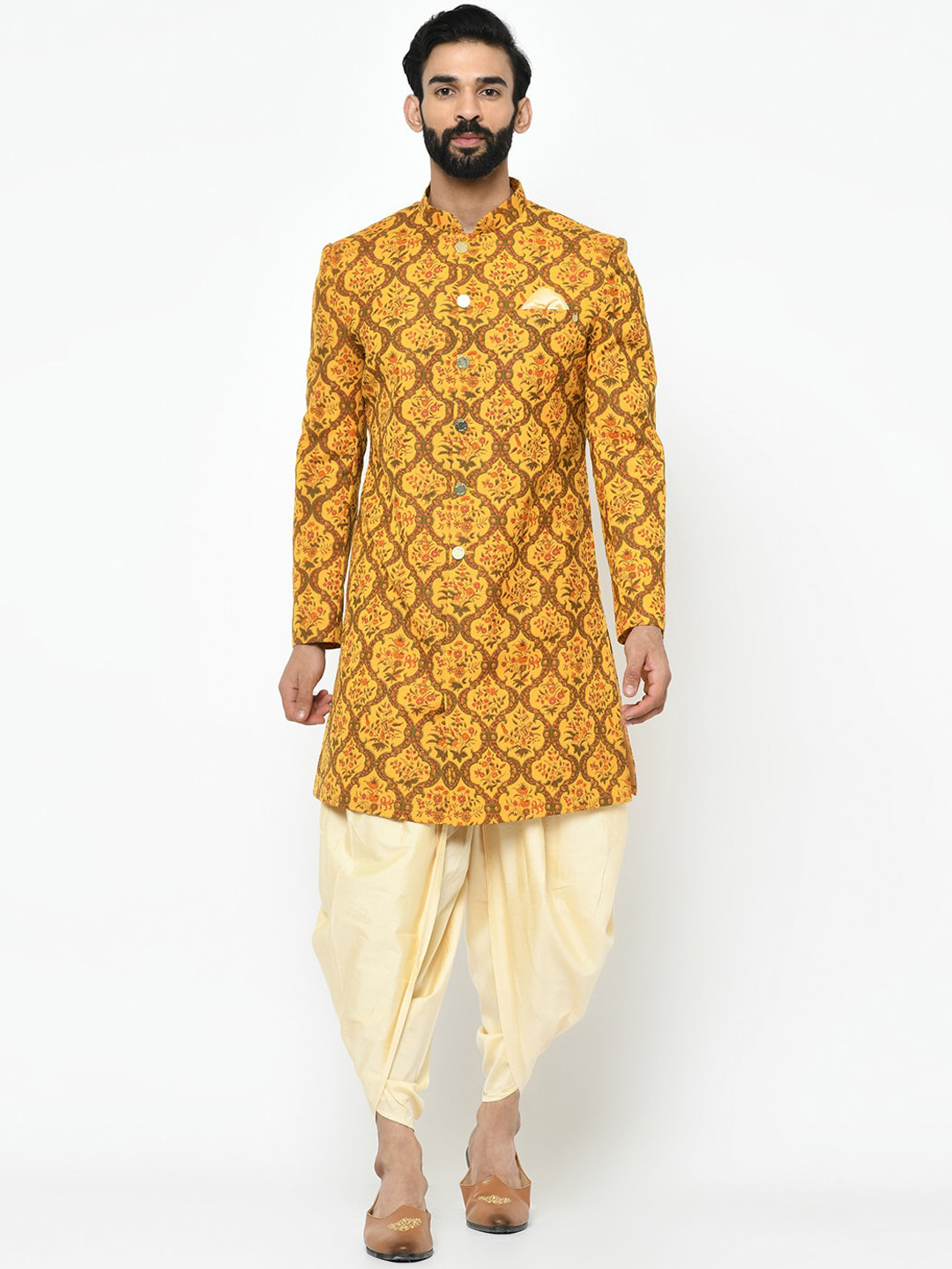 

KISAH Men Mustard Yellow & Green Sherwani Set