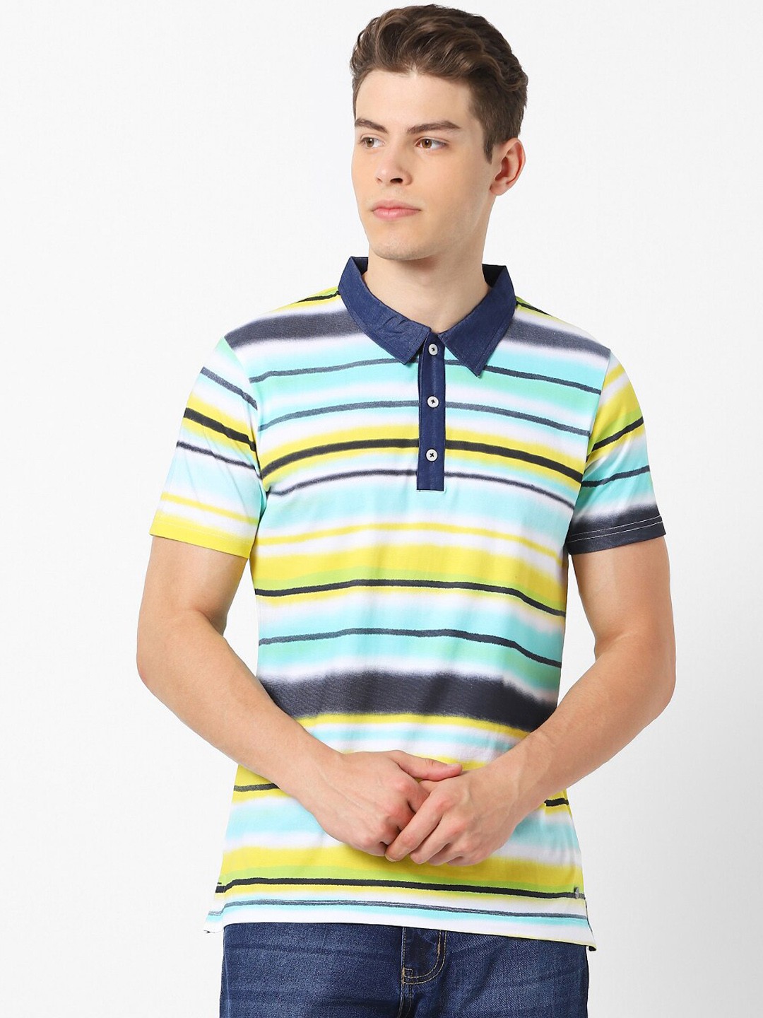 

MARCA Disati Men Multicoloured Striped Polo Collar Pure Cotton T-shirt, Multi