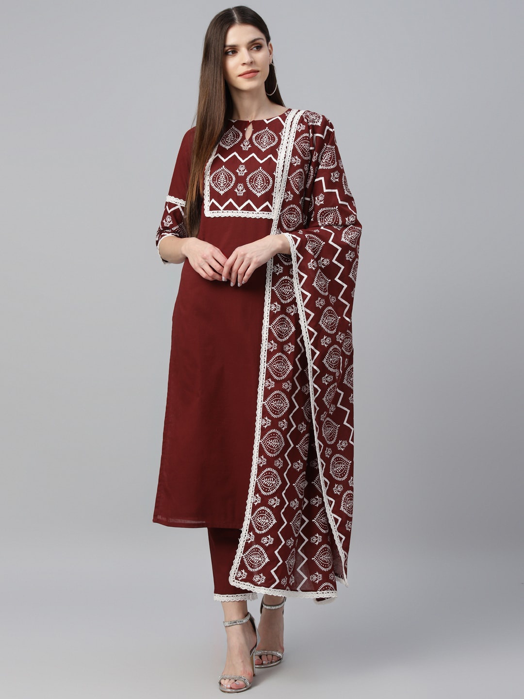 

Gerua By Libas Women Maroon Yoke Design Kurta with Trousers Dupatta