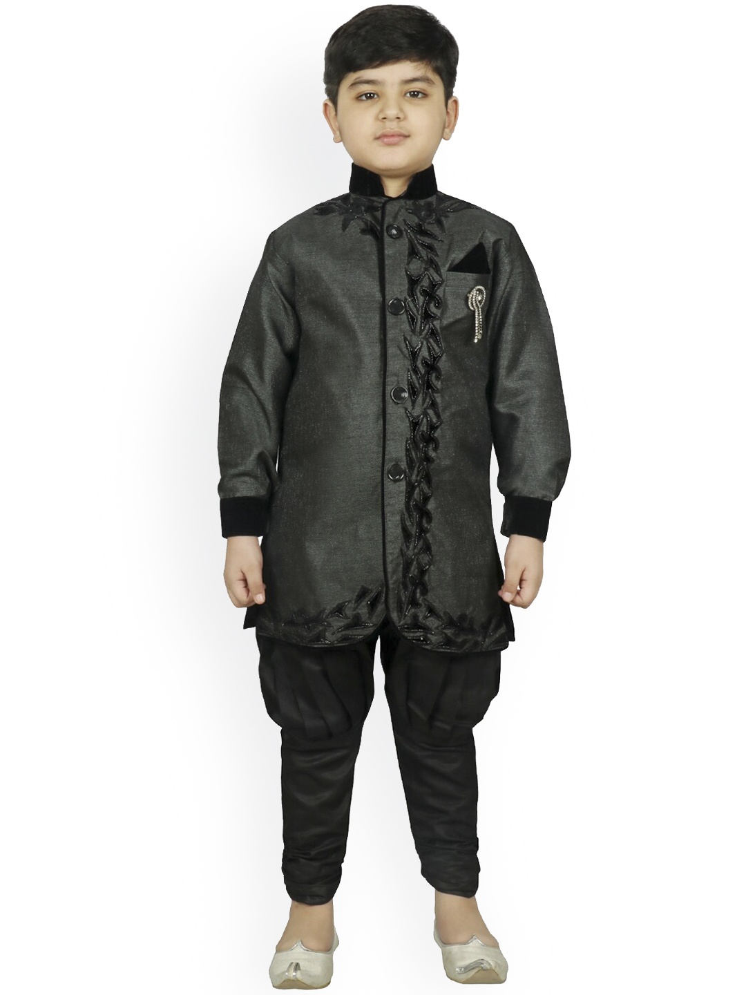 

SG YUVRAJ Boys Grey & Black Raw Silk Sherwani Set