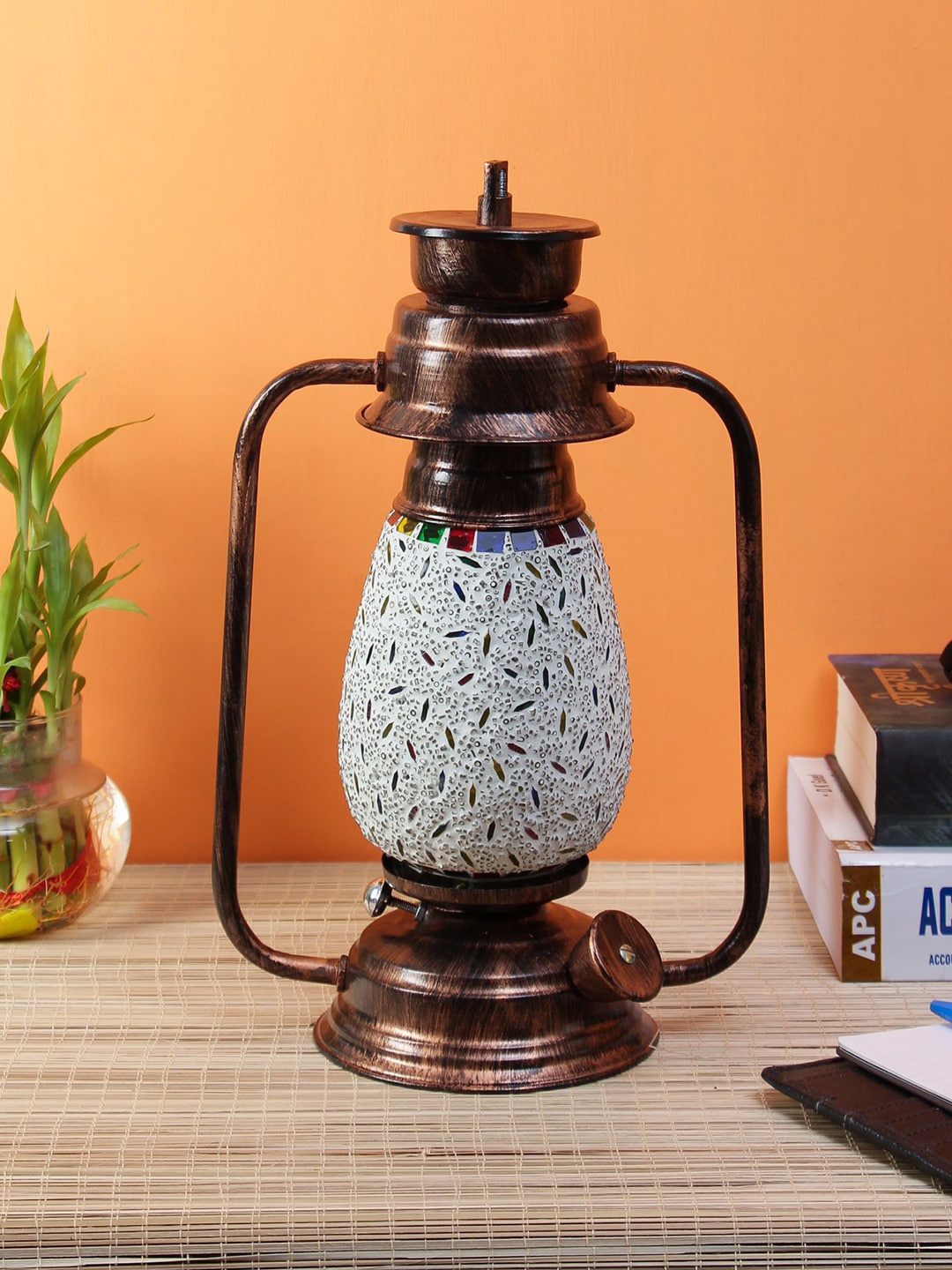 

Devansh White & Copper-Toned Solid Traditional Mosaic Glass Table Lantern