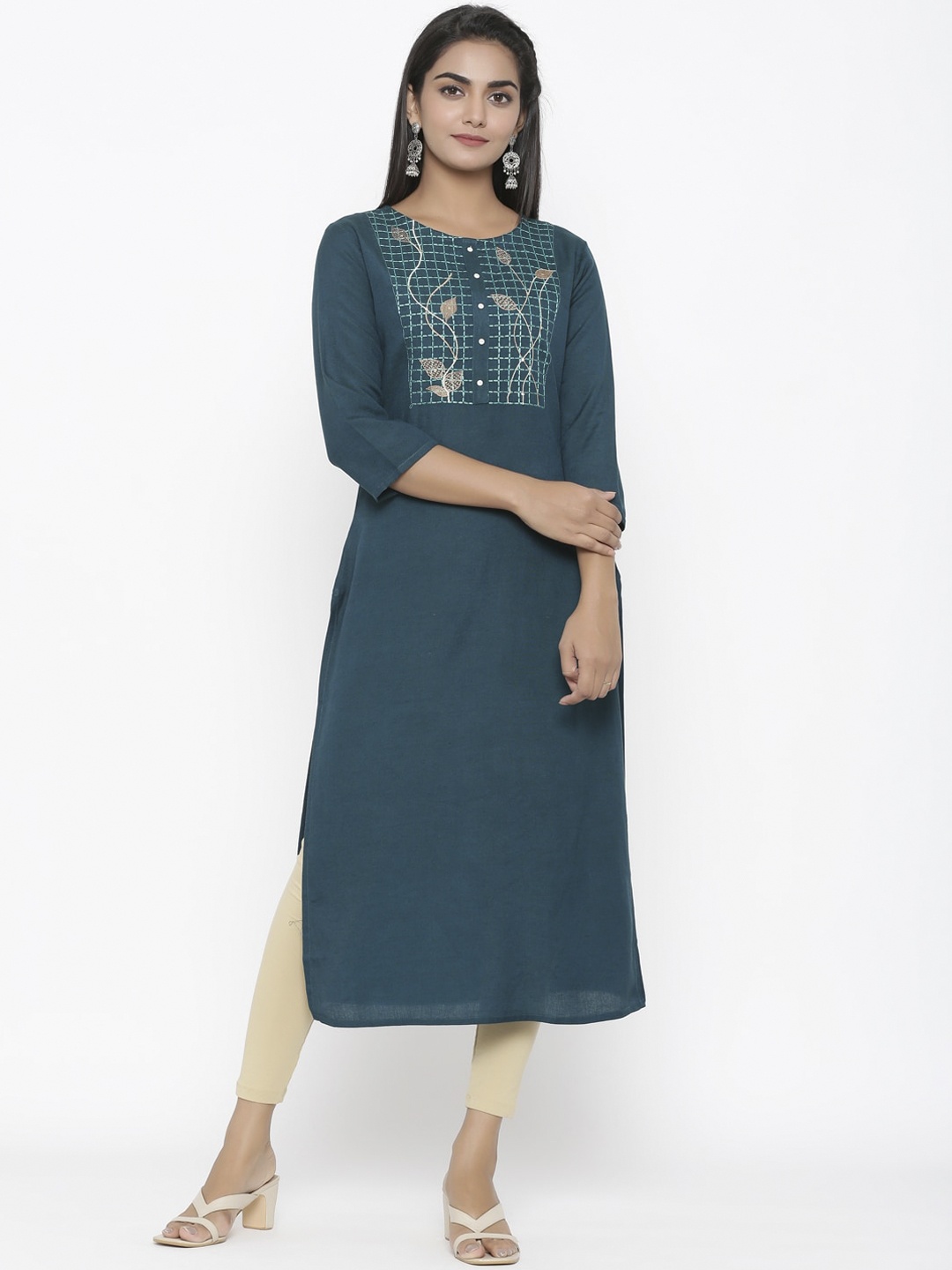 

Yufta Women Teal Blue Embroidered Straight Kurta