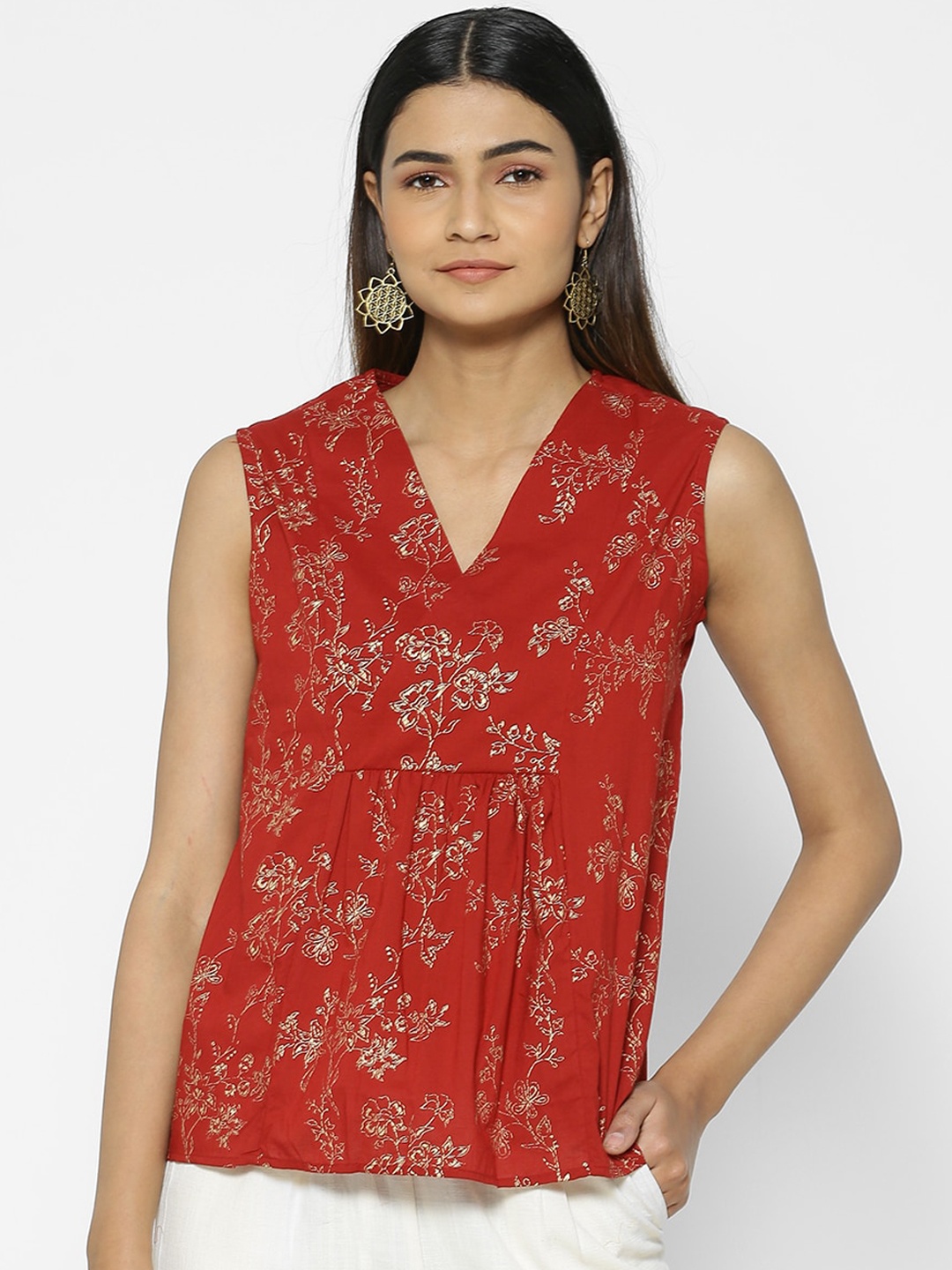 Saaki Women Brown Printed Wrap Pure Cotton Top