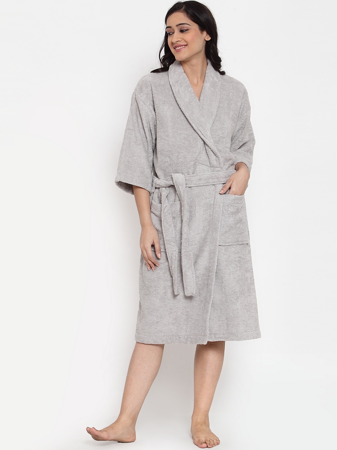MYTRIDENT Women Grey Solid Bath Robe