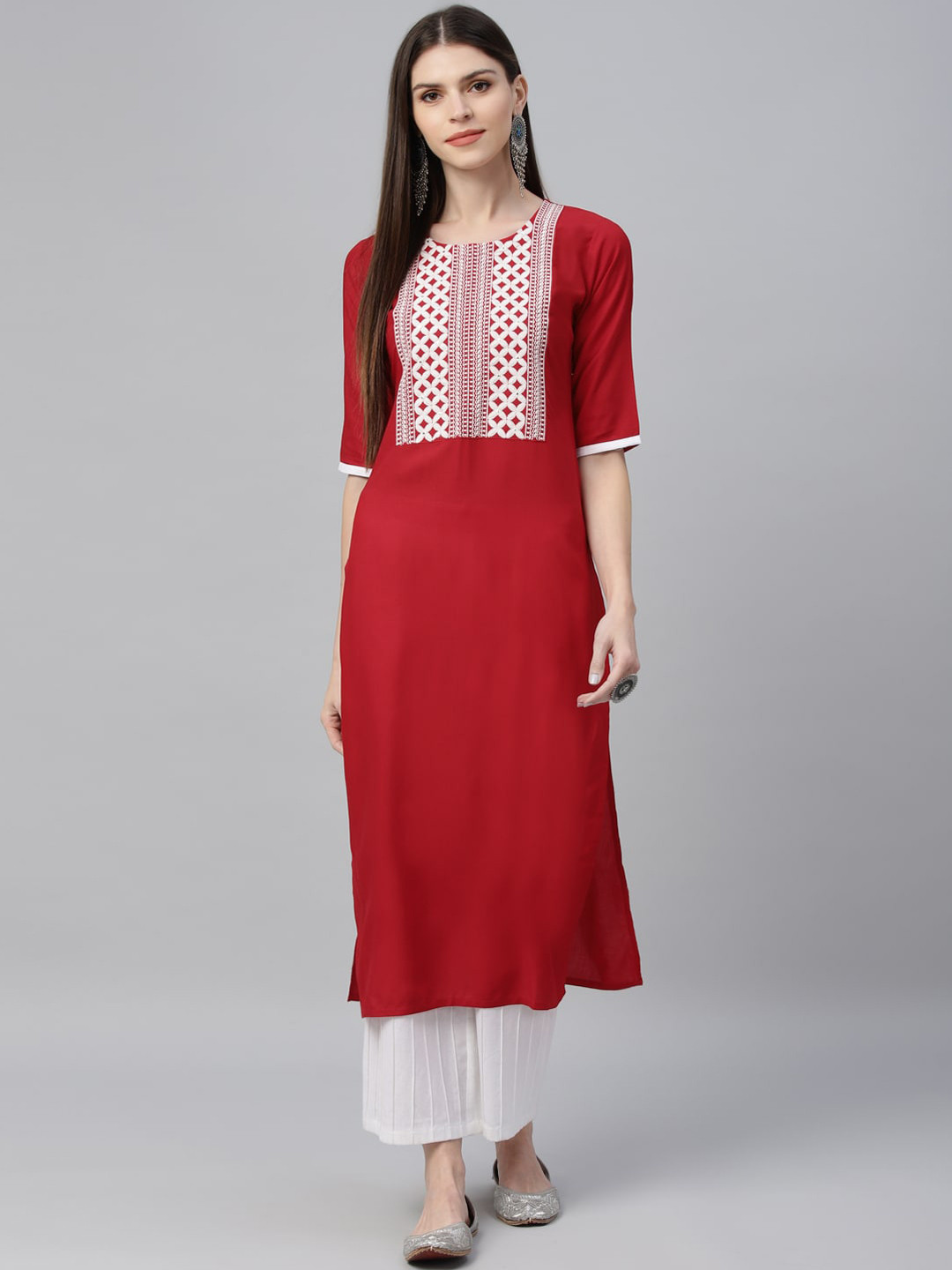 

Libas Women Red & White Yoke Design Straight Kurta