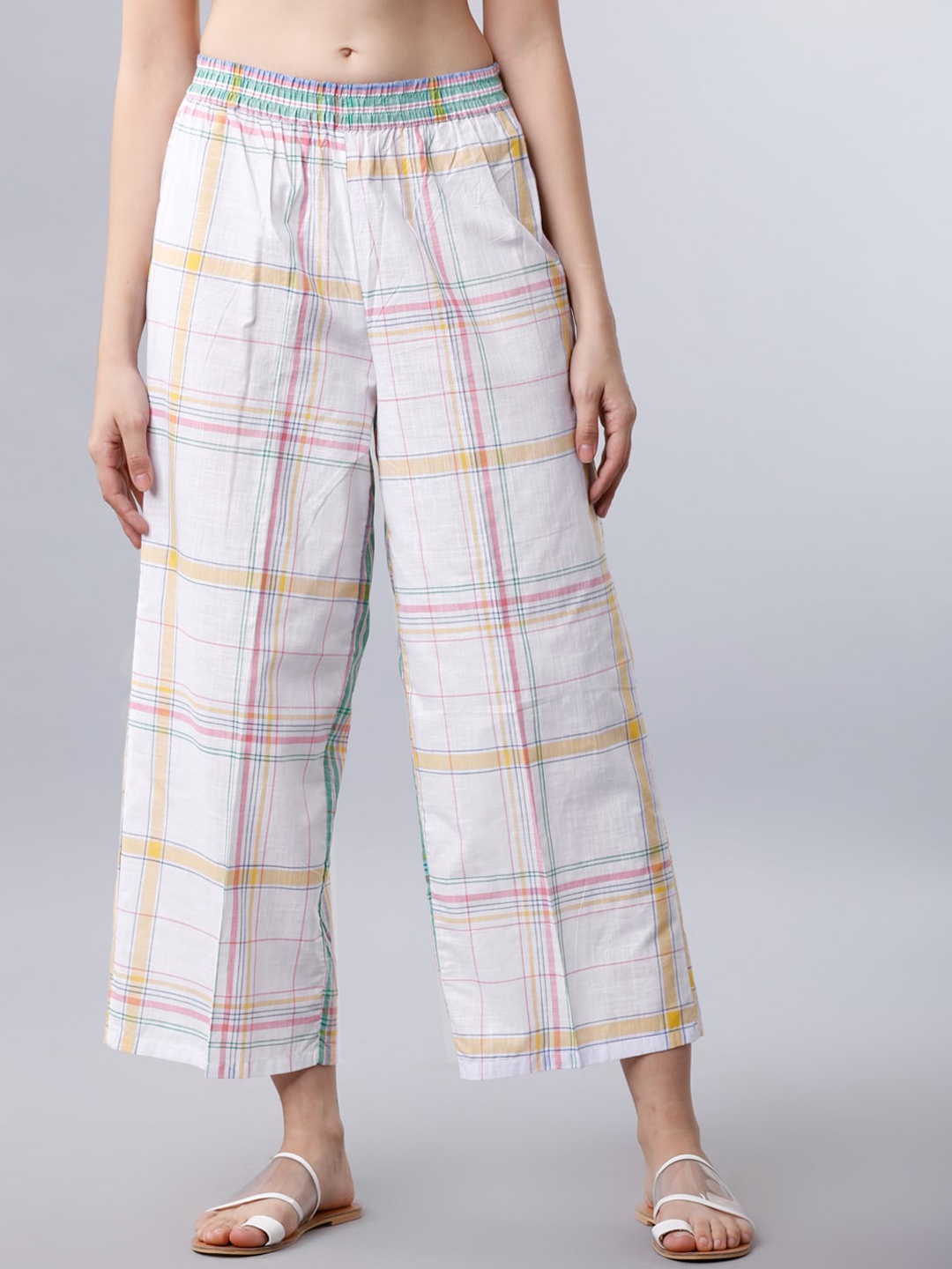 

Vishudh Women White Checked Wide Leg Palazzos