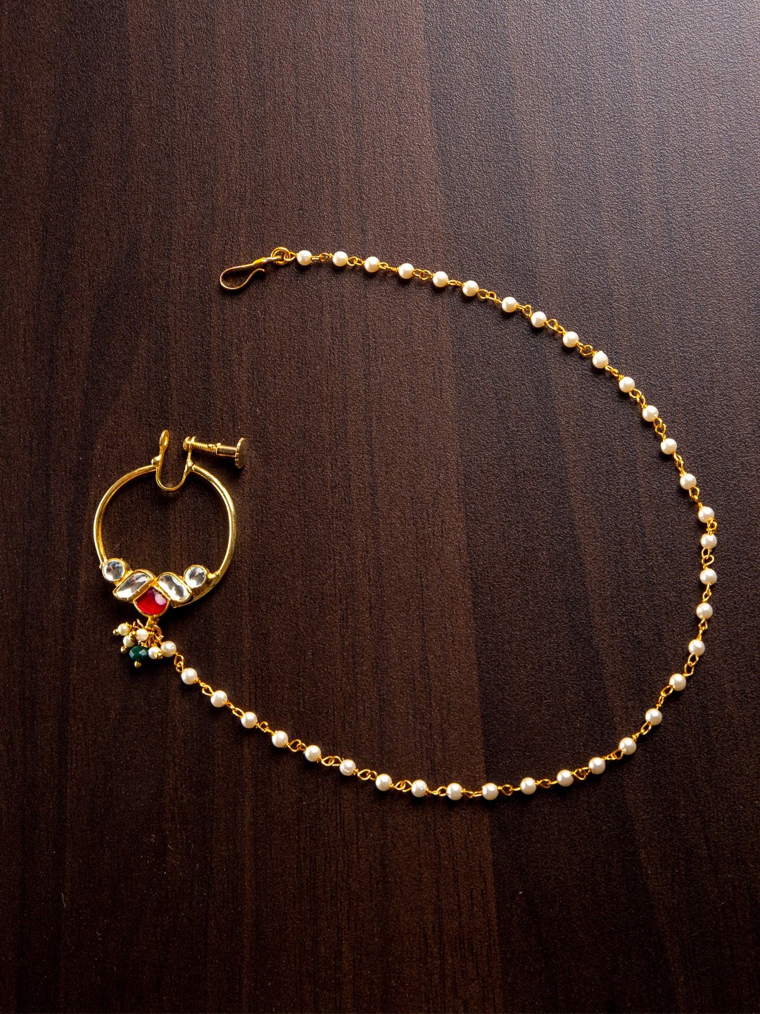 

MORKANTH JEWELLERY Gold-Plated White & Red Kundan-Studded Beaded Handcrafted Nose Ring With Chain