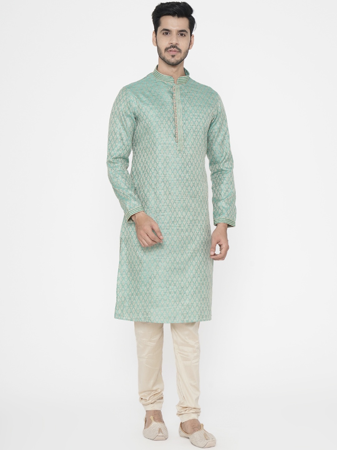 

Manyavar Men Green & Cream Woven Design Kurta with Pyjamas