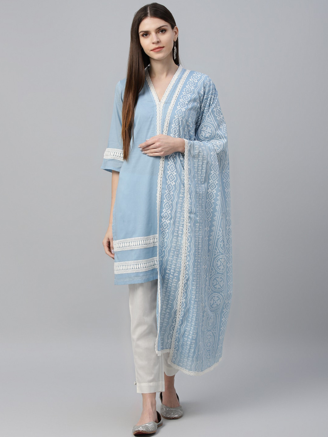 

Gerua By Libas Women Blue Embroidered Kurta with Trousers Dupatta