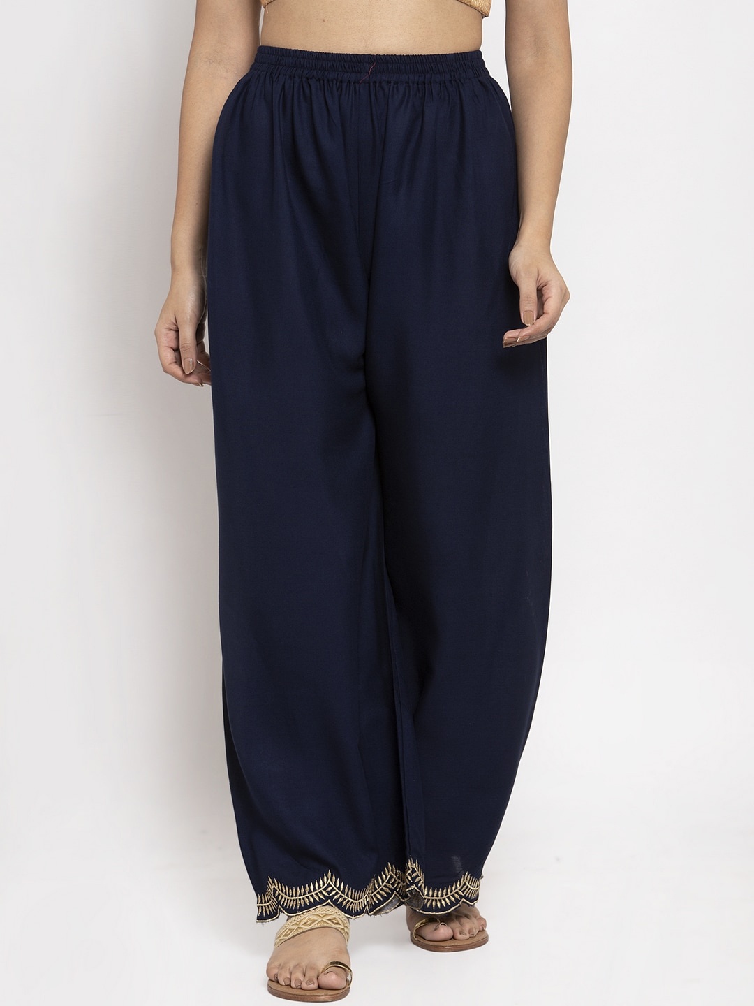 

Clora Creation Women Navy Blue Hem Design Straight Palazzos