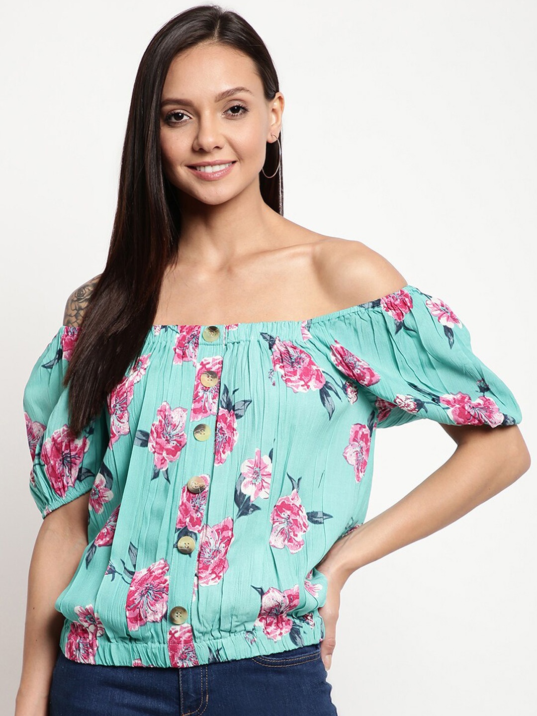 

Mayra Women Sea Green Printed Bardot Top