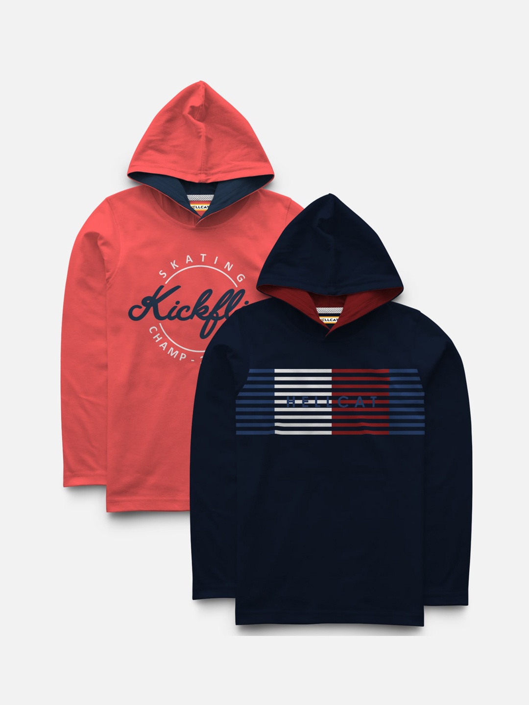 

HELLCAT Boys Pack of 2 Printed Hood T-shirts, Coral