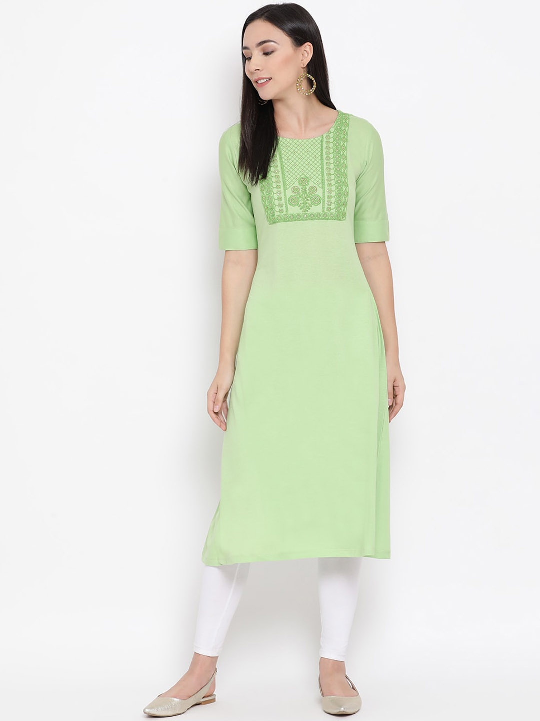 

Span Women Lime Green Embroidered Straight Kurta