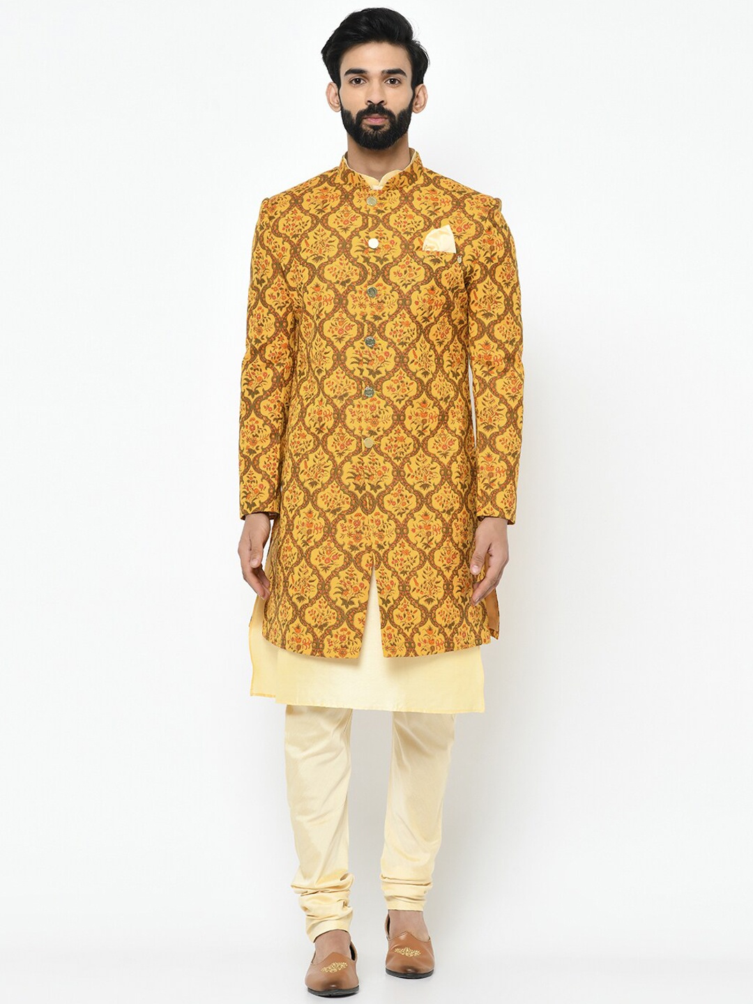 

KISAH Men Mustard Yellow & Green Kurta Sherwani Set