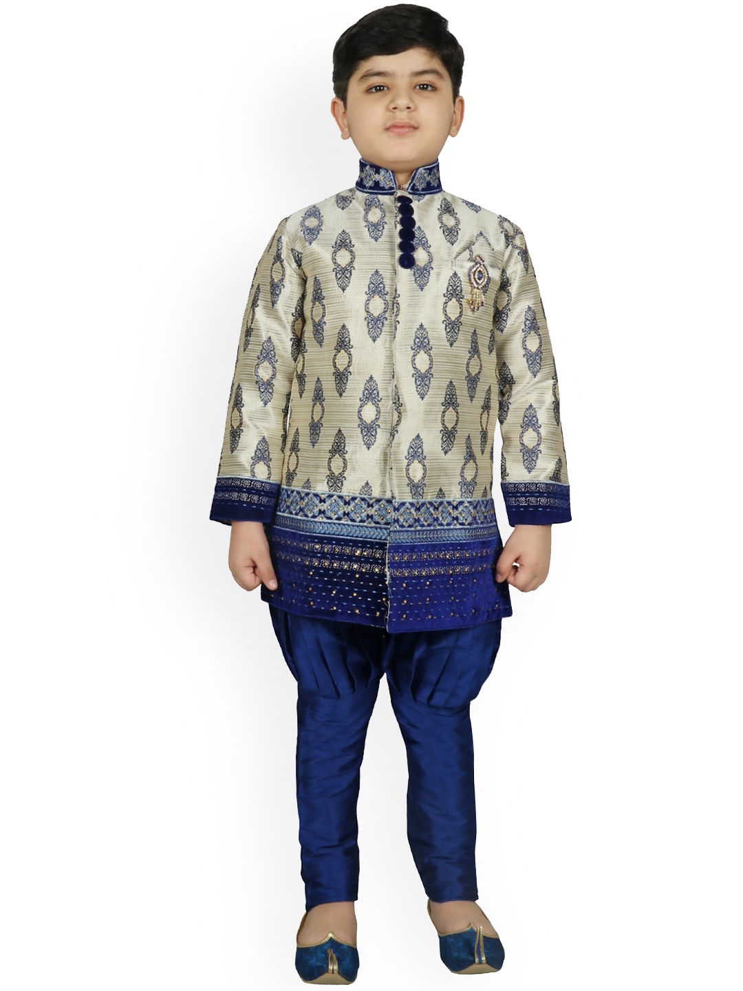 

SG YUVRAJ Boys Grey & Blue Raw Silk Sherwani Set