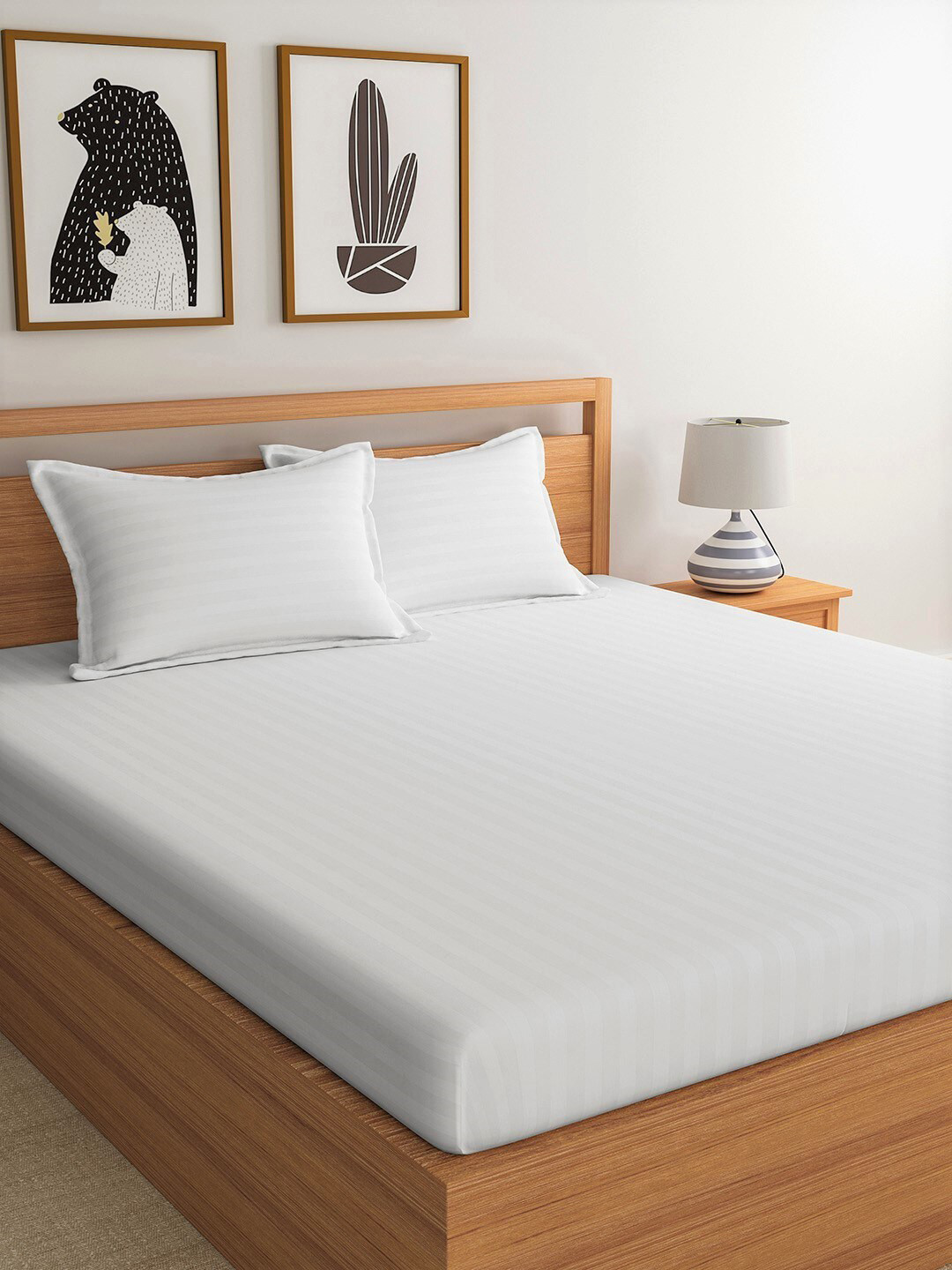 

URBAN SPACE White Striped 300 TC Cotton 1 King Bedsheet with 2 Pillow Covers