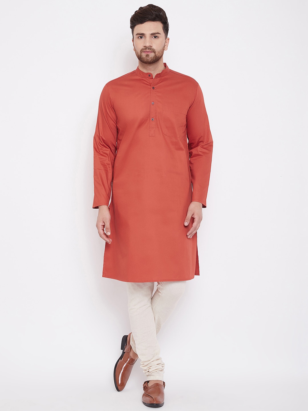 

even Men Rust Red Solid Straight Kurta