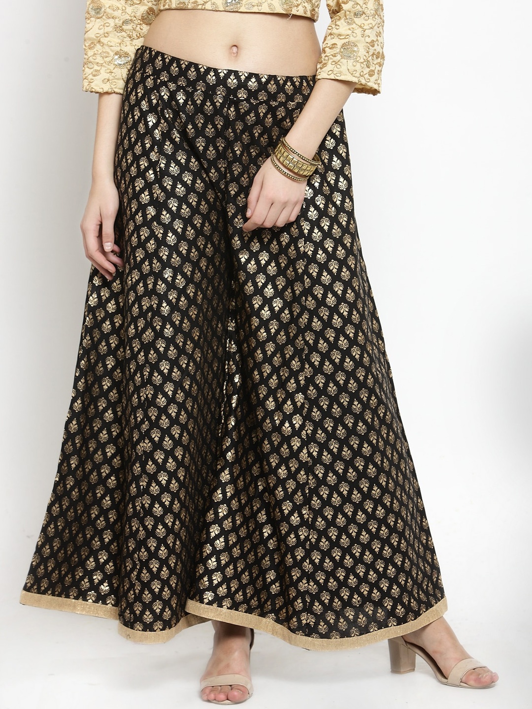 

Clora Creation Women Black & Gold Floral Print Wide Leg Palazzos